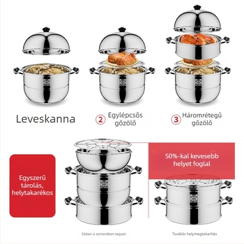 3 rétegű gőzölő edény 304 rozsdamentes acélból, indukciós tűzhely-kompatibilis, kettős aljzattal, rizs és hal párolására