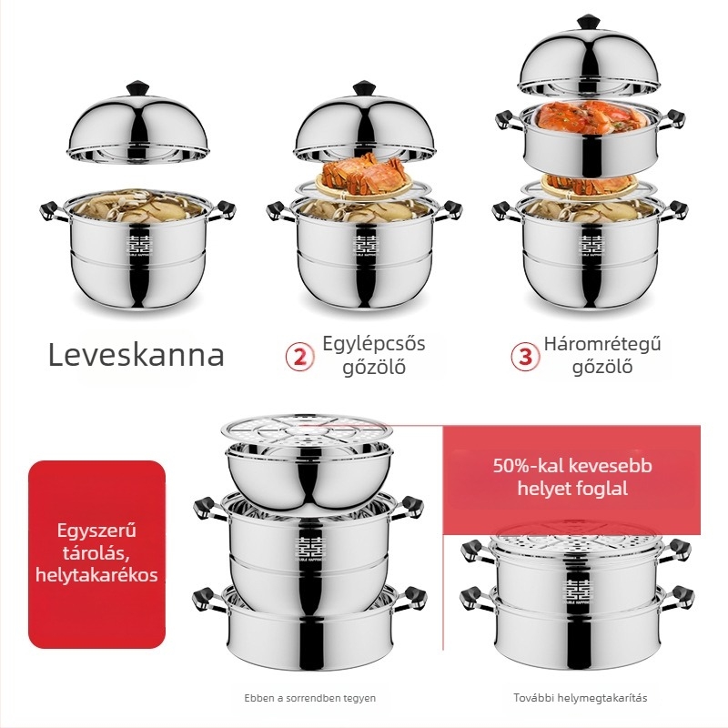 3 rétegű gőzölő edény 304 rozsdamentes acélból, indukciós tűzhely-kompatibilis, kettős aljzattal, rizs és hal párolására