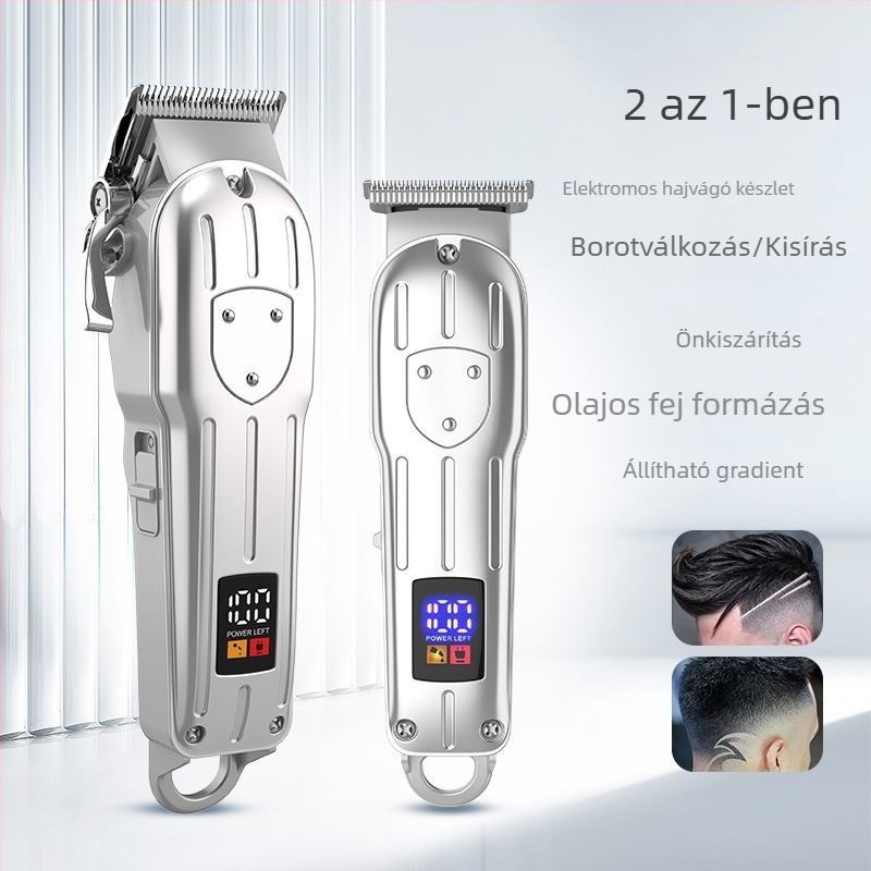Digitális kijelzős hajvágó készlet, beépített akkumulátor, kefés motor, rozsdamentes acél pengék, kettős tápellátás