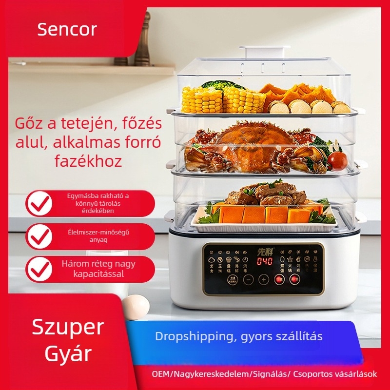 XH-D20 elektromos gőzölő, három réteg, 10L+ kapacitás, 800W, mikroprocesszoros vezérlés