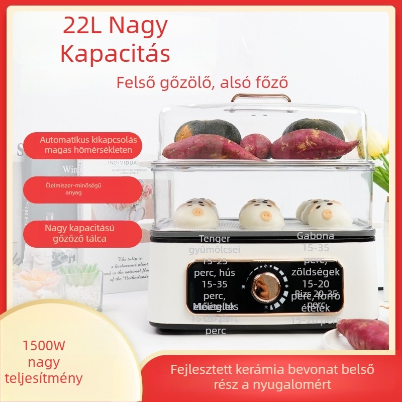 Elektromos gőzölő és forró edény egyben, háromrétegű rozsdamentes acél, 22 L kapacitás, 1500 W, 220 V