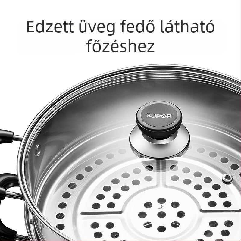 Supor 304 rozsdamentes acél kétszintes párolóedény kettős aljjal, átlátszó üvegfedővel, indukciós és gáztűzhelyekkel kompatibilis