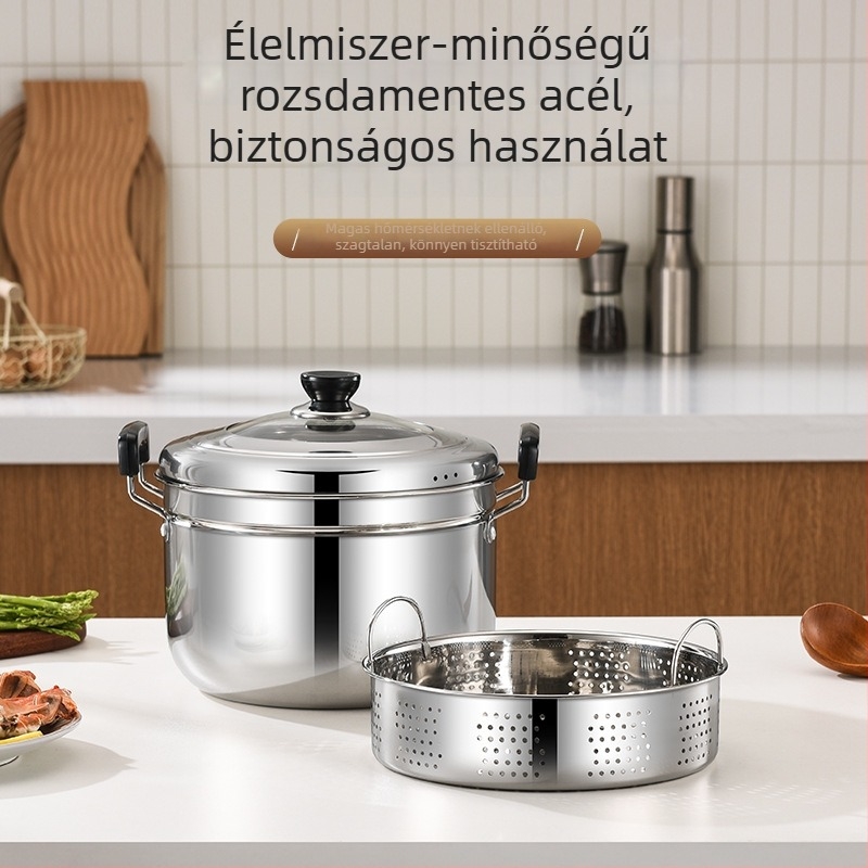 Kétszintes rozsdamentes acél gőzölő fazék japán stílusban, otthoni használatra, ideális gőzöléshez, levesekhez és tejfőzéshez, indukcióval és gáztűzhellyel kompatibilis