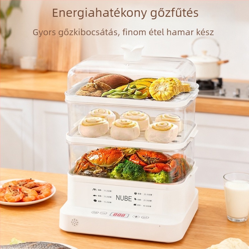 Nagy kapacitású elektromos gőzölő, 3+ rétegű, 10 l feletti, gombos vezérlés, PC belső tartály, 2–3 személyre