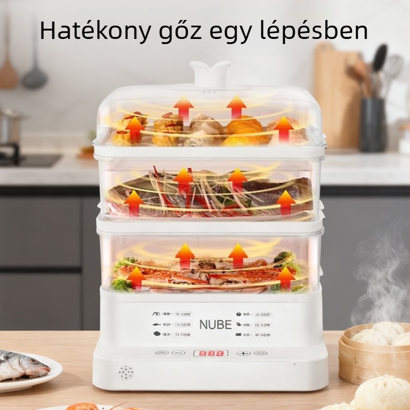 Nagy kapacitású elektromos gőzölő, 3+ rétegű, 10 l feletti, gombos vezérlés, PC belső tartály, 2–3 személyre