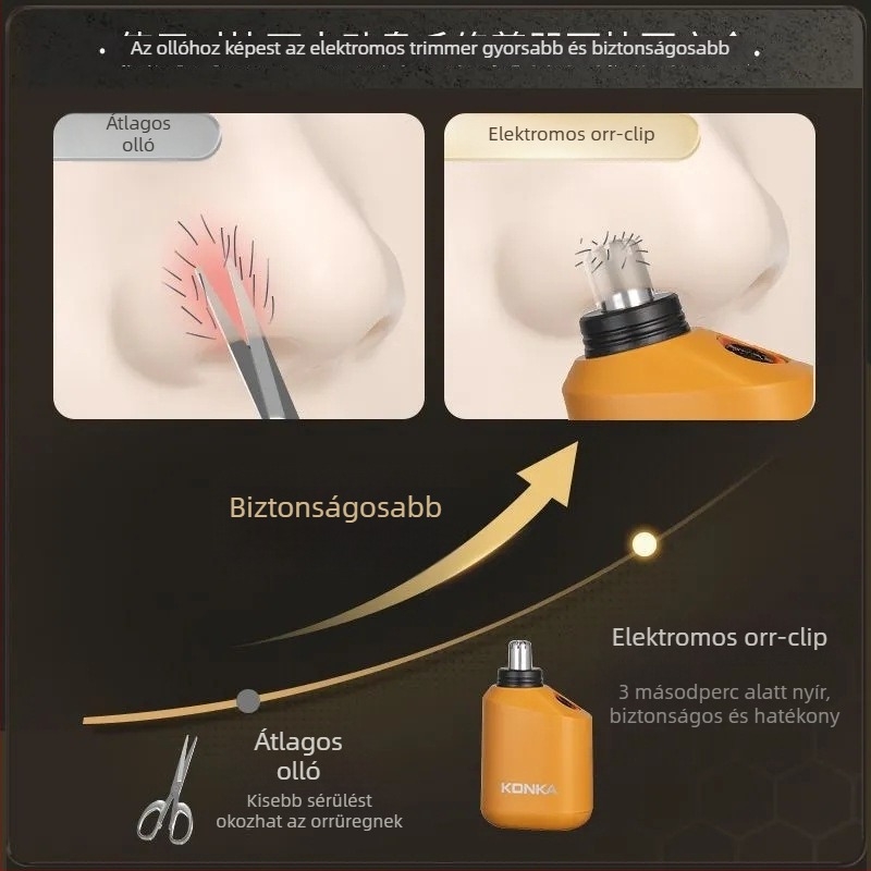 Elektromos orrnyíró beépített akkumulátorral, 100–300 mAh, töltés, működési idő több mint 15 nap, cserélhető vágófej tisztításhoz