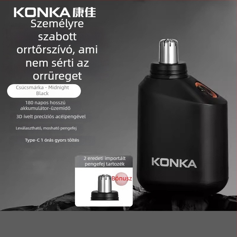 Elektromos orrnyíró beépített akkumulátorral, 100–300 mAh, töltés, működési idő több mint 15 nap, cserélhető vágófej tisztításhoz
