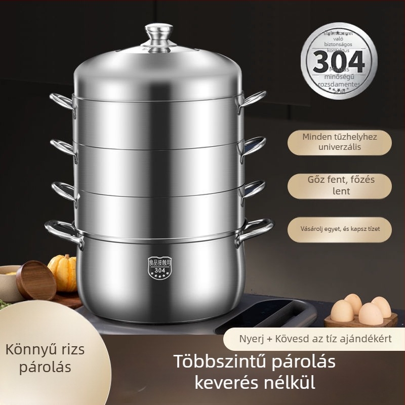 Gőzölő több rétegű, 304 rozsdamentes acélból, 4+ szinttel, kompatibilis gáztűzhelyen és indukciós főzőfelületen