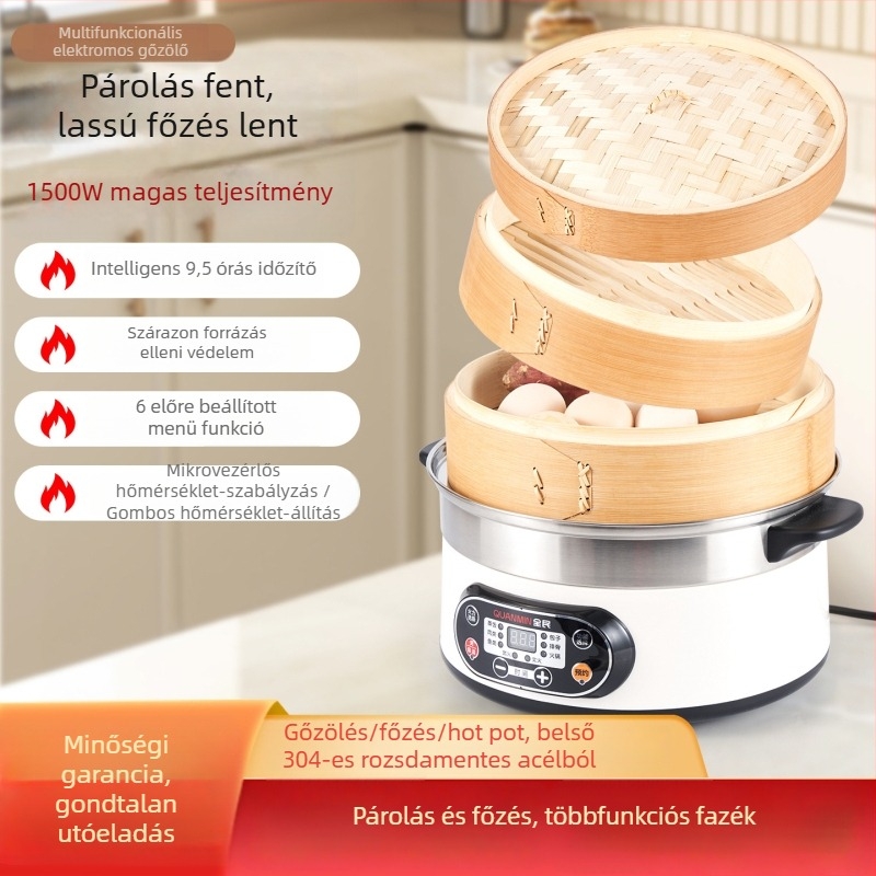 Elektromos gőzölő rozsdamentes belső tartállyal, 1500 W, egy rétegű, 4–5 fő számára, 6–10 perc felmelegedési idő
