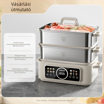 Háromszintes elektromos gőzölő edény, 304 rozsdamentes acélból, 10 L feletti kapacitás, mechanikus vezérlés, gőzölés, főzés és párolás