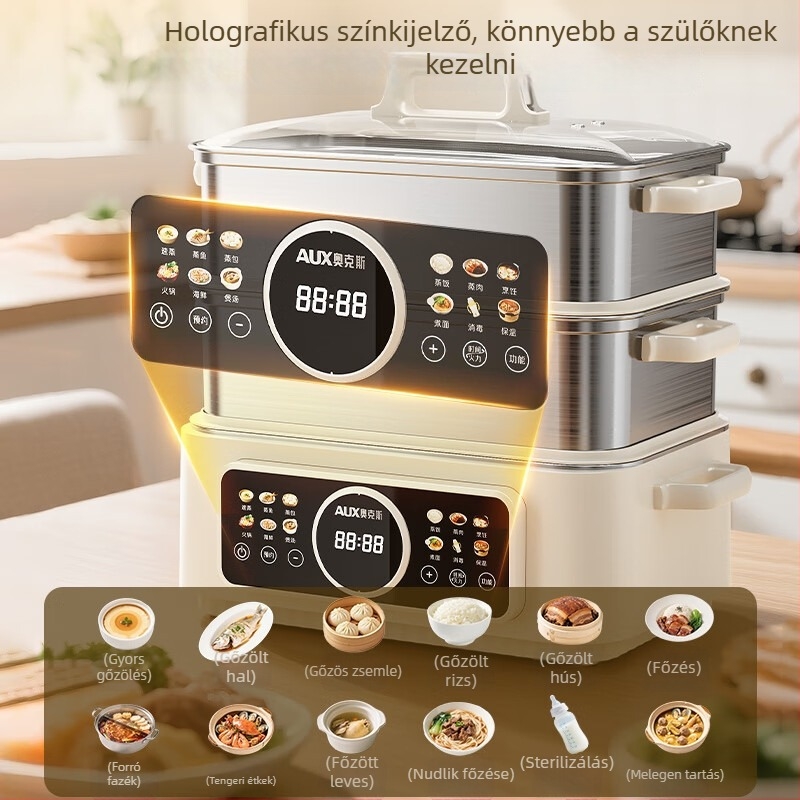 Háromszintes elektromos gőzölő edény, 304 rozsdamentes acélból, 10 L feletti kapacitás, mechanikus vezérlés, gőzölés, főzés és párolás