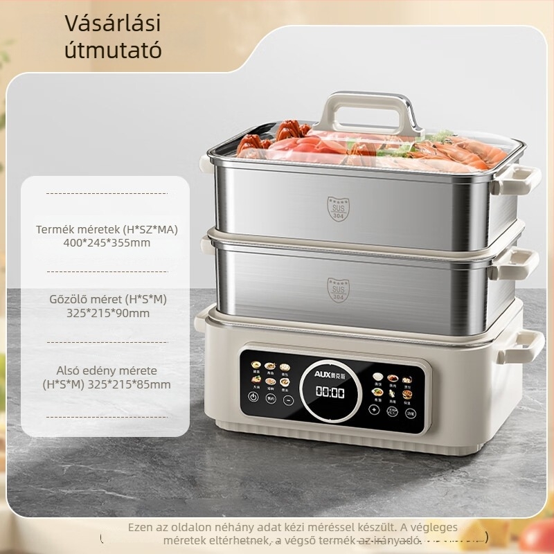 Háromszintes elektromos gőzölő edény, 304 rozsdamentes acélból, 10 L feletti kapacitás, mechanikus vezérlés, gőzölés, főzés és párolás