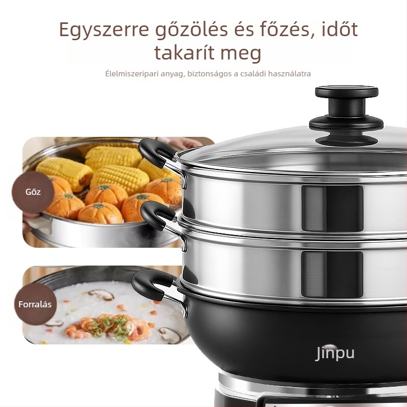 Öntöttvas elektromos wok, multifunkcionális, 4–5 L kapacitás, 1500 W, gőzölés, sütés, főzés és párolás