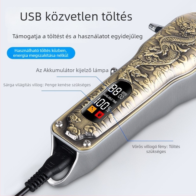 Elektronikus hajvágó készülék, újratölthető, cserélhető és mosható fejjel; rozsdamentes acél pengék; kefés motor; beépített 1200–2000 mAh akkumulátor