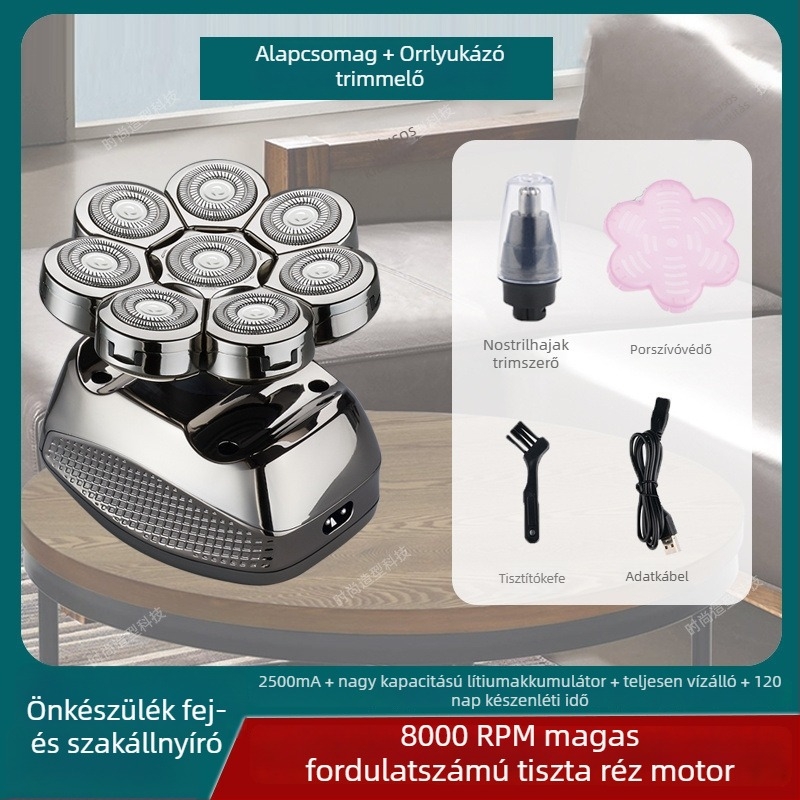 Elektronikus borotva kopasz fejhez, 60+ perc akkumulátor‑élettartam, kettős tápegység (töltés/dugó), kefés motor, 6000 mAh+ cserélhető akkumulátor