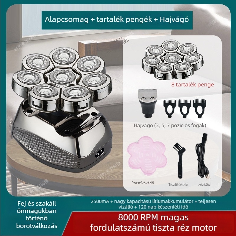 Elektronikus borotva kopasz fejhez, 60+ perc akkumulátor‑élettartam, kettős tápegység (töltés/dugó), kefés motor, 6000 mAh+ cserélhető akkumulátor