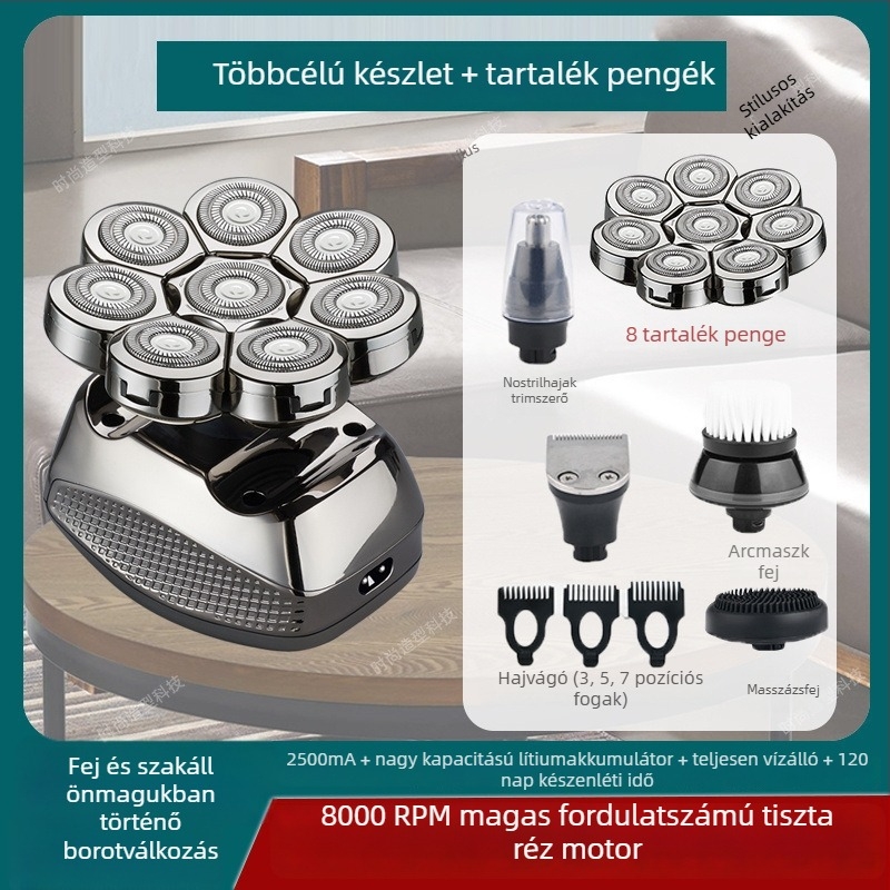 Elektronikus borotva kopasz fejhez, 60+ perc akkumulátor‑élettartam, kettős tápegység (töltés/dugó), kefés motor, 6000 mAh+ cserélhető akkumulátor