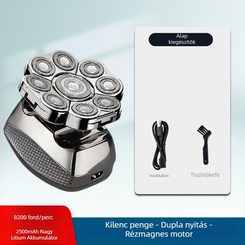 Elektronikus borotva kopasz fejhez, 60+ perc akkumulátor‑élettartam, kettős tápegység (töltés/dugó), kefés motor, 6000 mAh+ cserélhető akkumulátor
