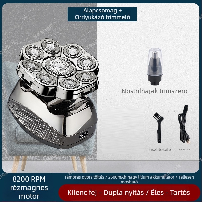 Elektronikus borotva kopasz fejhez, 60+ perc akkumulátor‑élettartam, kettős tápegység (töltés/dugó), kefés motor, 6000 mAh+ cserélhető akkumulátor