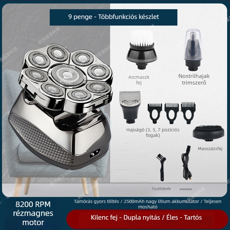 Elektronikus borotva kopasz fejhez, 60+ perc akkumulátor‑élettartam, kettős tápegység (töltés/dugó), kefés motor, 6000 mAh+ cserélhető akkumulátor