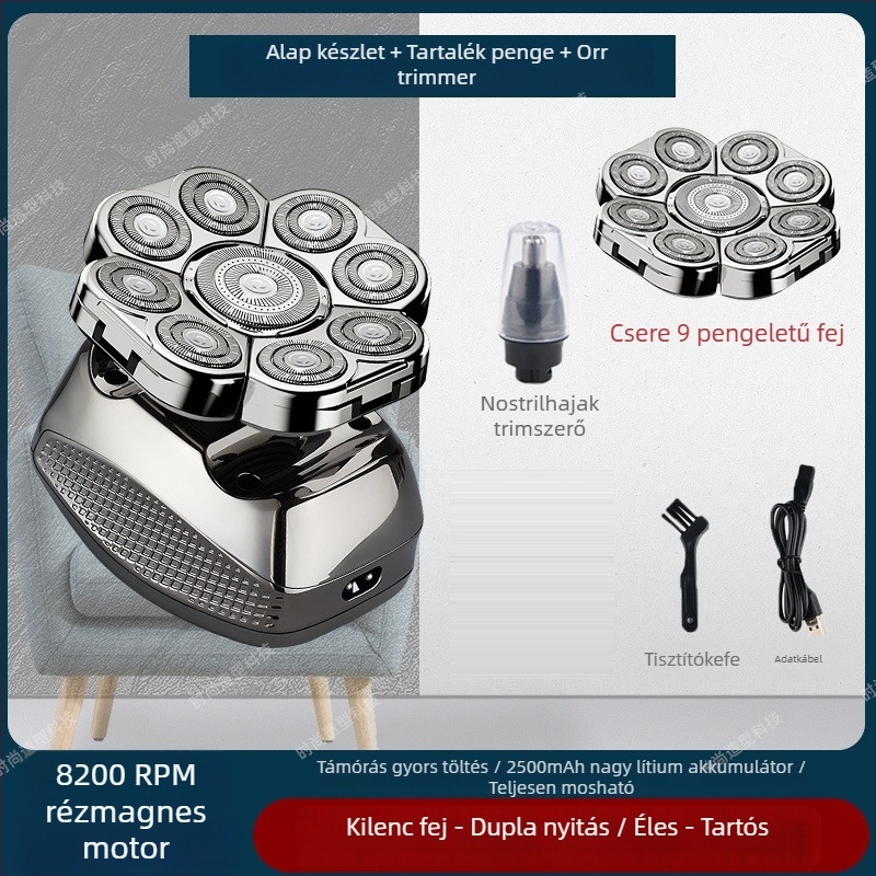 Elektronikus borotva kopasz fejhez, 60+ perc akkumulátor‑élettartam, kettős tápegység (töltés/dugó), kefés motor, 6000 mAh+ cserélhető akkumulátor