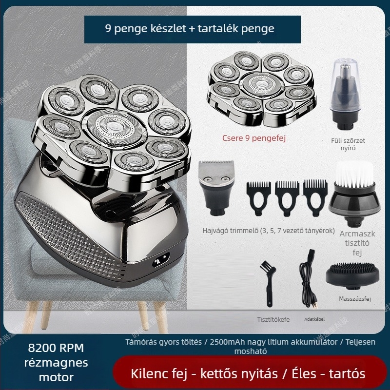 Elektronikus borotva kopasz fejhez, 60+ perc akkumulátor‑élettartam, kettős tápegység (töltés/dugó), kefés motor, 6000 mAh+ cserélhető akkumulátor