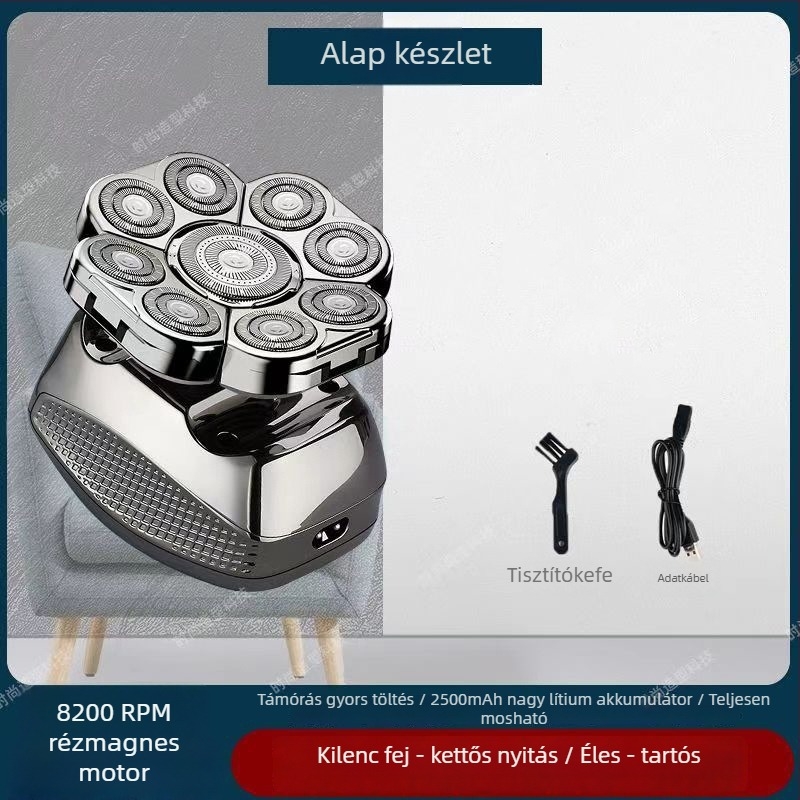 Elektronikus borotva kopasz fejhez, 60+ perc akkumulátor‑élettartam, kettős tápegység (töltés/dugó), kefés motor, 6000 mAh+ cserélhető akkumulátor