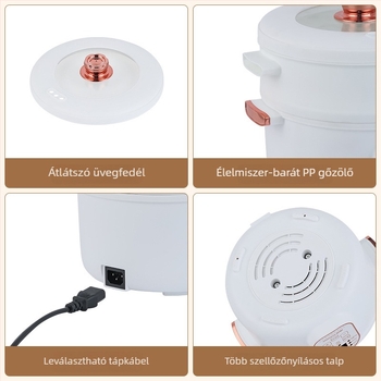 Elektronikus edény párolási és főzési funkciókkal – 600 W, 1.8 L, 1–2 adag, száraz égés elleni védelemmel