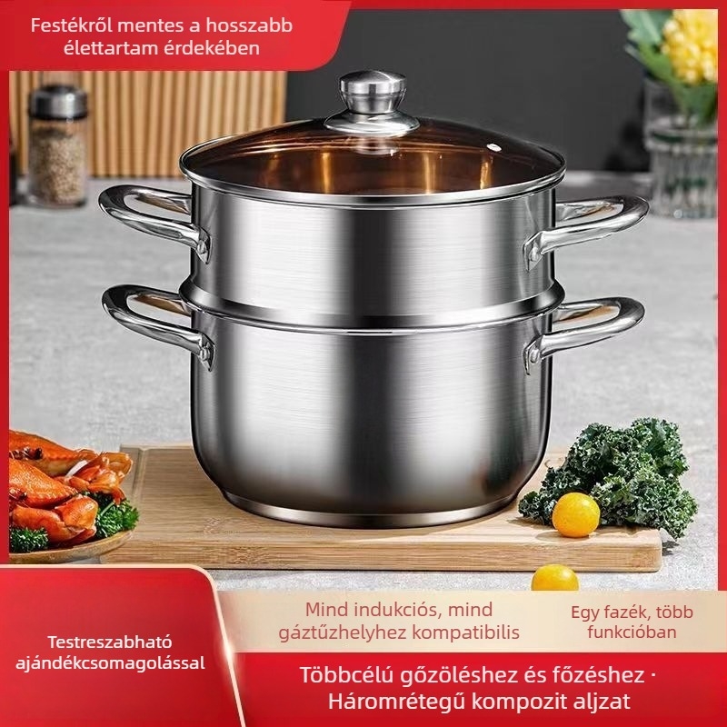 Kétszintes leveses gőzölő fazék, 410 rozsdamentes acélból, üvegfedő, 12 cm mélység, általános tűzhelyhez