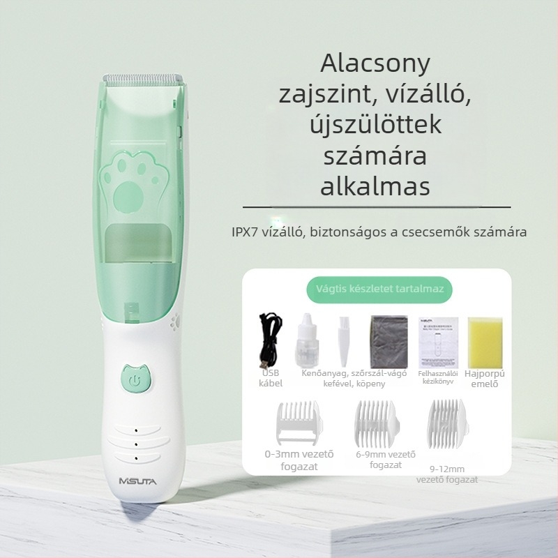 Misuta babahajvágó – újratölthető, 5W motor, automatikus hajszívás, alacsony zajú, vízálló, baba- és felnőtt használatra