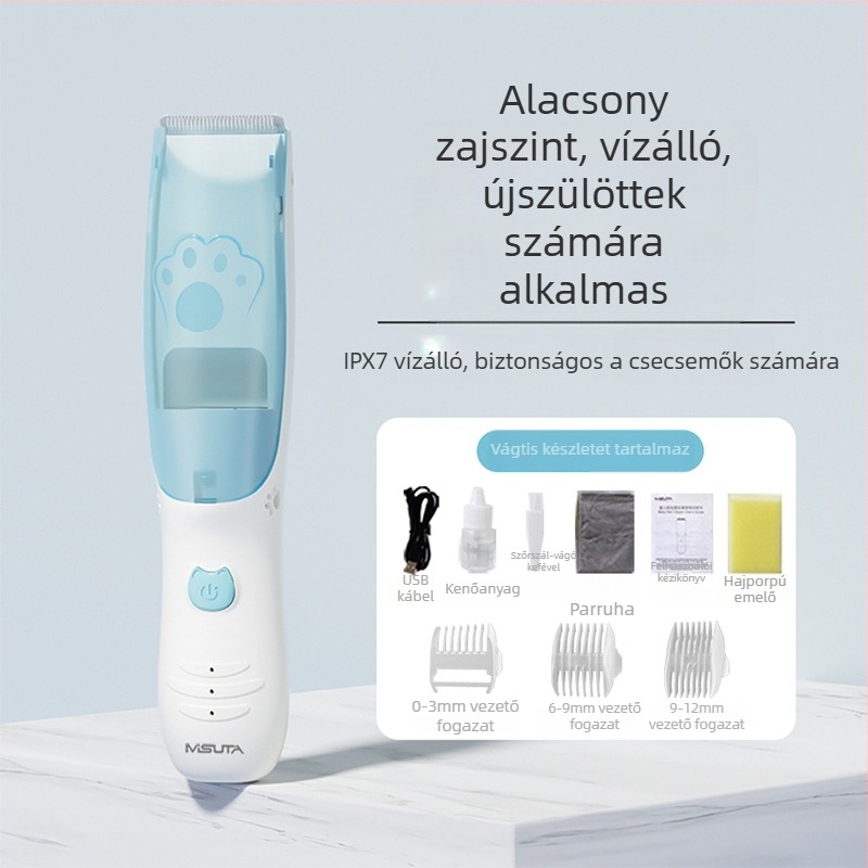 Misuta babahajvágó – újratölthető, 5W motor, automatikus hajszívás, alacsony zajú, vízálló, baba- és felnőtt használatra