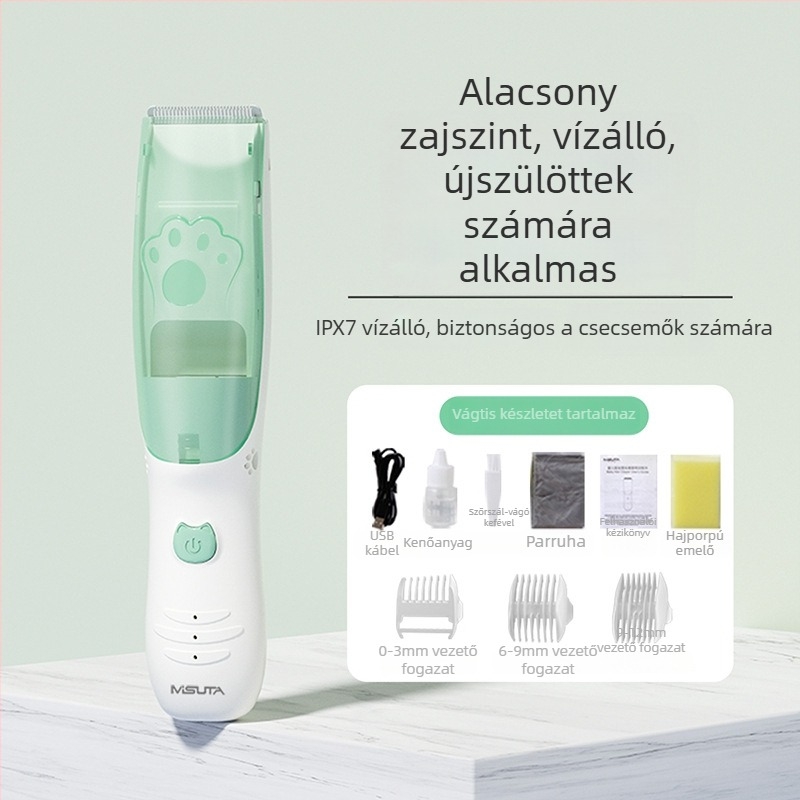 Misuta babahajvágó – újratölthető, 5W motor, automatikus hajszívás, alacsony zajú, vízálló, baba- és felnőtt használatra