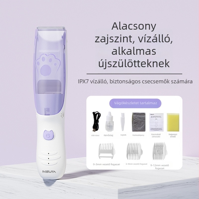 Misuta babahajvágó – újratölthető, 5W motor, automatikus hajszívás, alacsony zajú, vízálló, baba- és felnőtt használatra