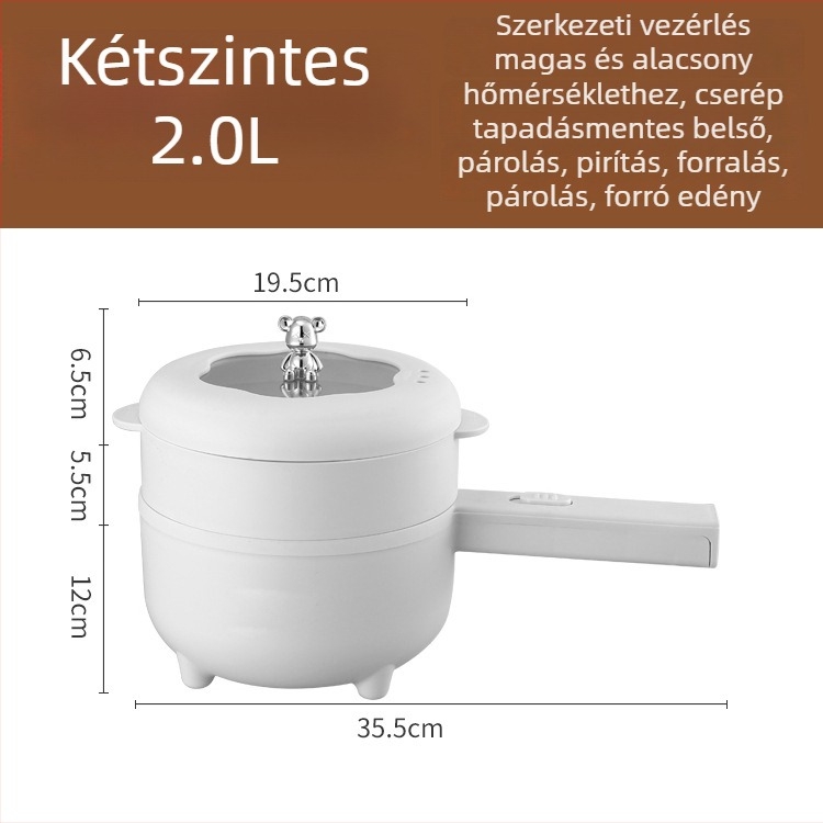 Többfunkciós elektromos főzőedény kollégiumi és otthoni használatra, 1–2 L kapacitás, LCD kijelző, időzítő, hőmérséklet-állítás, szárazfőzés elleni védelem, sütés, gőzölés, főzés, pörkölt, belső tapadásmentes bevonat