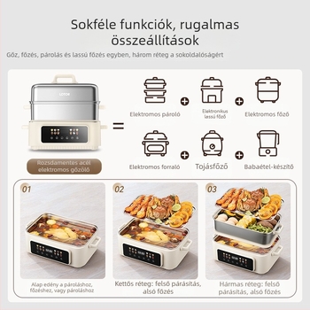 Háromrétegű elektromos párolóedény, kapacitás 10 L felett, belső rész 304 rozsdamentes acélból, mikroprocesszoros vezérlés, 1500W, 220V, 50Hz