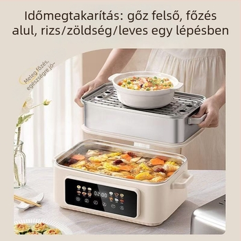 Háromrétegű elektromos párolóedény, kapacitás 10 L felett, belső rész 304 rozsdamentes acélból, mikroprocesszoros vezérlés, 1500W, 220V, 50Hz