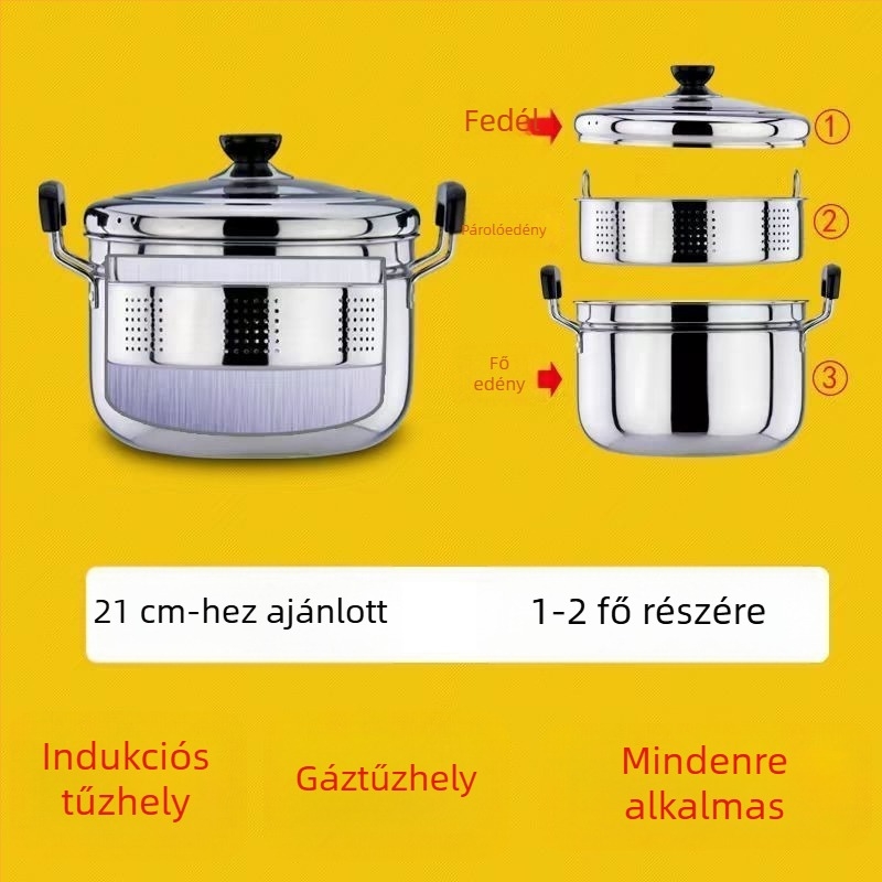 Japán stílusú rozsdamentes acél gőzöző edény, otthoni használatra, két szintes, leves és tej melegítő edény, vastag alj a kása és a leves főzéséhez, indukciós és gáztűzhely kompatibilis.