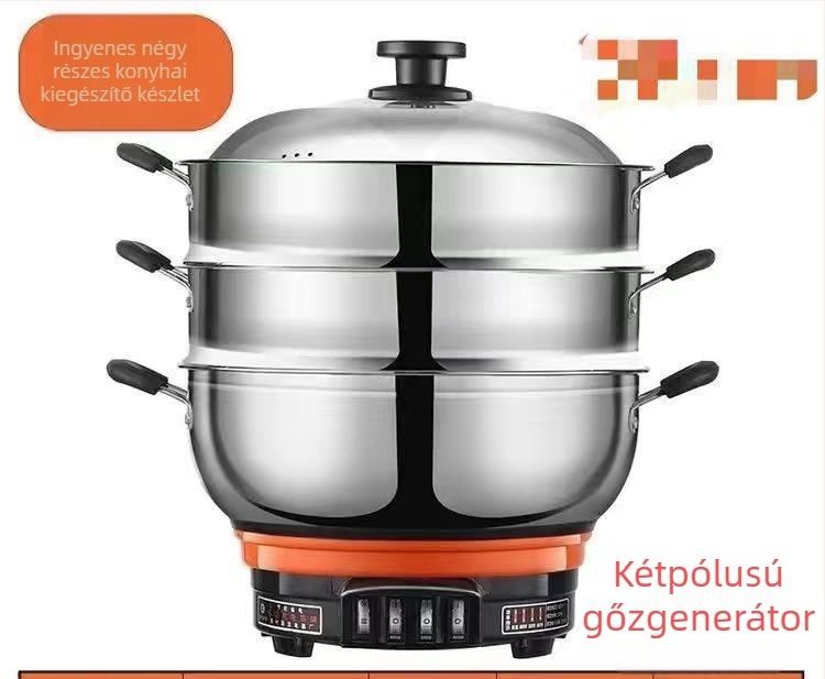 Elektromos többfunkciós edény gőzölővel, rozsdamentes acél test, 5–6 L kapacitás, 500–2100 W teljesítmény, gombos vezérlés, szárazfőzés elleni védelem