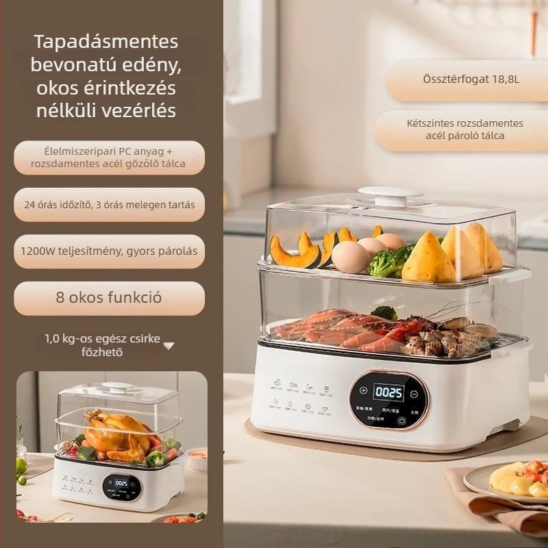 Elektromos gőzölő edény két szinttel, 9,5 l kapacitás, 1350 W teljesítmény, belső rozsdamentes acél tartály