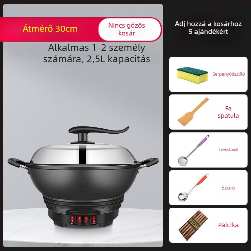 Elektromos wok belső antiadhéziós edénnyel – Többfunkciós pároláshoz, sütéshez, főzéshez és dinszteléshez; belső kerámia kristály edény, külső boroszilikát üvegtest, 1500W+