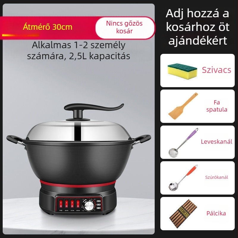 Elektromos wok belső antiadhéziós edénnyel – Többfunkciós pároláshoz, sütéshez, főzéshez és dinszteléshez; belső kerámia kristály edény, külső boroszilikát üvegtest, 1500W+