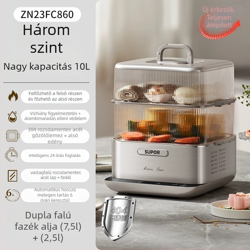 Supor elektromos párolóedény, háromrétegű rozsdamentes acél, 10 L+ kapacitás, érintéses vezérlés