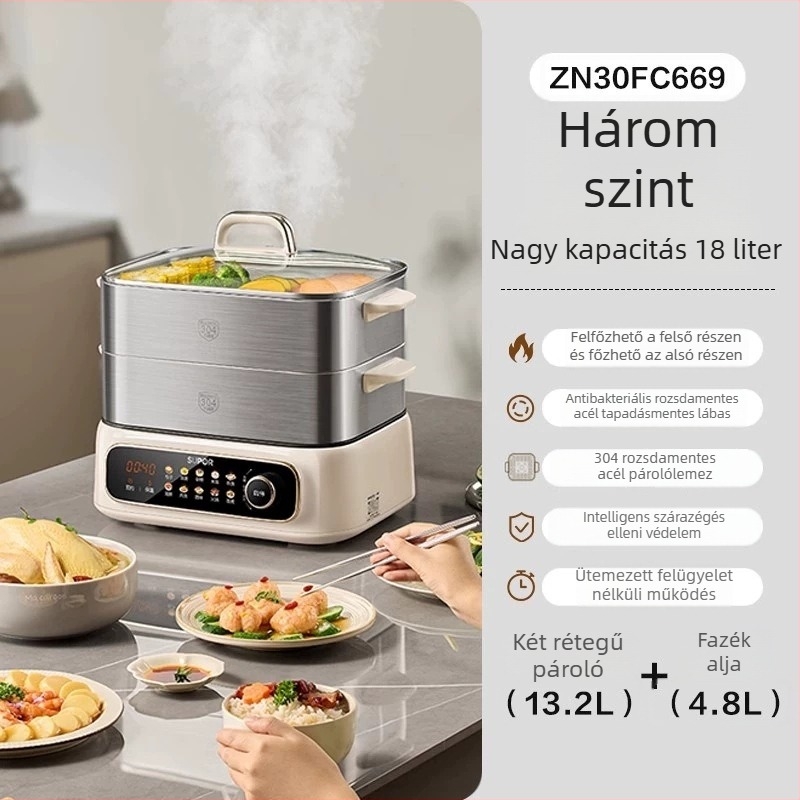 Supor elektromos párolóedény, háromrétegű rozsdamentes acél, 10 L+ kapacitás, érintéses vezérlés