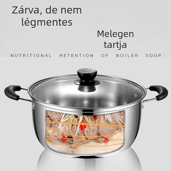 HX-022 201 rozsdamentes acélból készült gőzölő fazék, egyrétegű aljzattal, üvegfedéllel, alkalmas gáztűzhelyre és indukciós főzésre