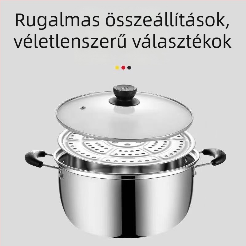 HX-022 201 rozsdamentes acélból készült gőzölő fazék, egyrétegű aljzattal, üvegfedéllel, alkalmas gáztűzhelyre és indukciós főzésre