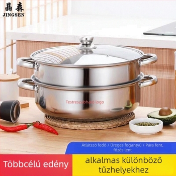 Rozsdamentes acél két szintes pároló fazék üvegfedővel, mélység 9 cm, tömeg 1200 g, minden tűzhelyhez alkalmas