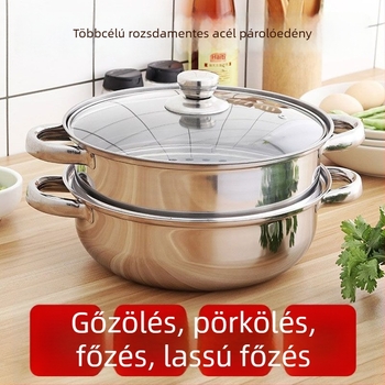 Rozsdamentes acél két szintes pároló fazék üvegfedővel, mélység 9 cm, tömeg 1200 g, minden tűzhelyhez alkalmas