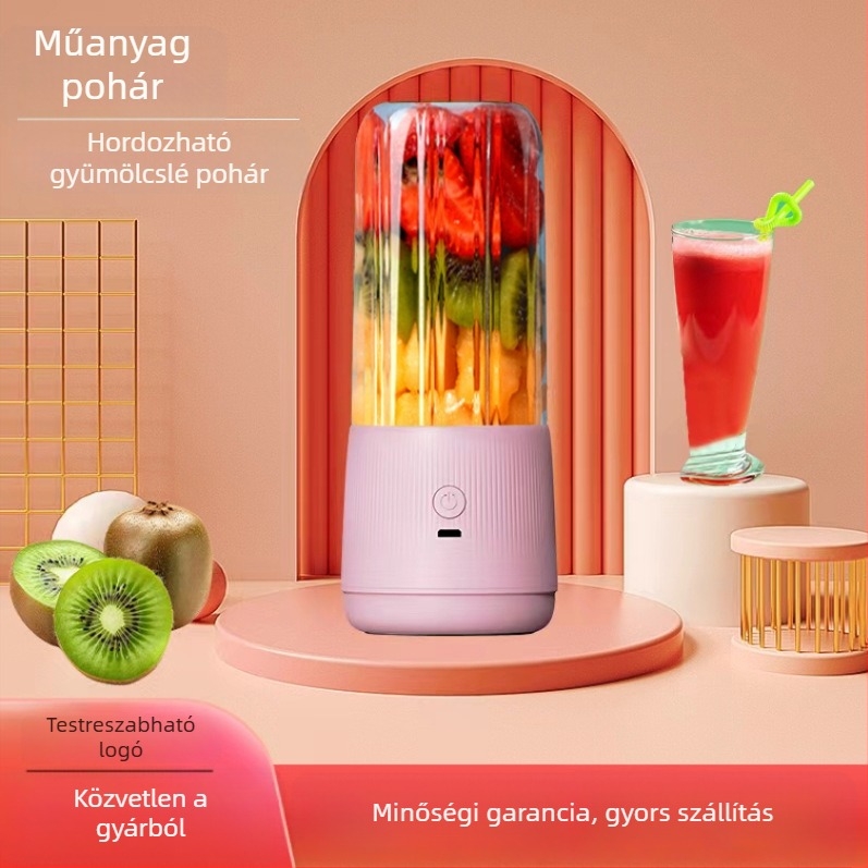Hordozható turmixgép USB-töltővel, 400 ml kapacitás, 10000–19999 fordulat/perc, dupla pengék, gombos működés, USB töltőkábel a csomagban
