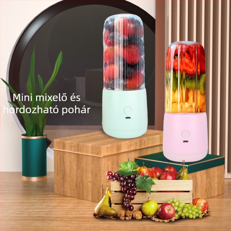 Hordozható turmixgép USB-töltővel, 400 ml kapacitás, 10000–19999 fordulat/perc, dupla pengék, gombos működés, USB töltőkábel a csomagban