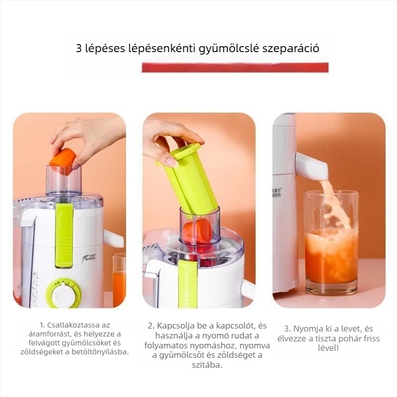 Centrifugális gyümölcs- és zöldséglé készülék 12 pengével, 230W, 220V, belső tartály rozsdamentes acélból, élelmiszer-minőségű ház, kerek betöltőnyílás, 0,5–1 L pulp tartály, ciklusonként legfeljebb 600 ml gyümölcslevet